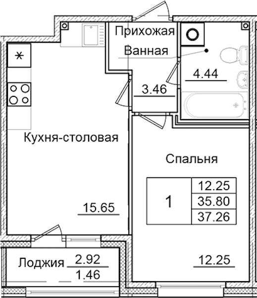 1-комнатная квартира 37.26 м², 1/9 эт., ЖК «Квартал Заречье»